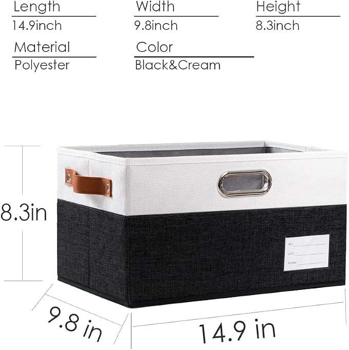 PRANDOM Foldable Storage Bins with Handles [3-Pack] Fabric Collapsible Storage Boxes Baskets Cubes Containers with Handles for Closet Living Room Bedroom (Black & White 14.9x9.8x8.3'') - Image 4