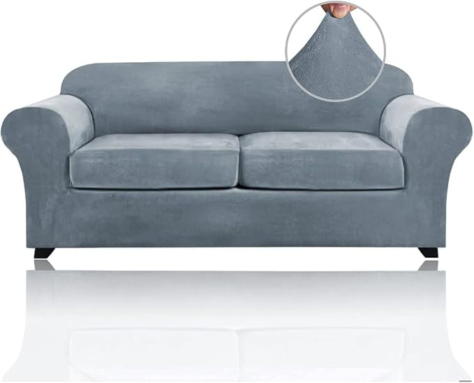 PrinceDeco Couch Cover Velvet Plush Sofa Covers for 2 Cushion Couch Width Up to 90 Inch Washable Furniture Protector Pet Friendly No Slip Sofa Slipcover(Medium-Large,Stone Blue) by PrinceDeco