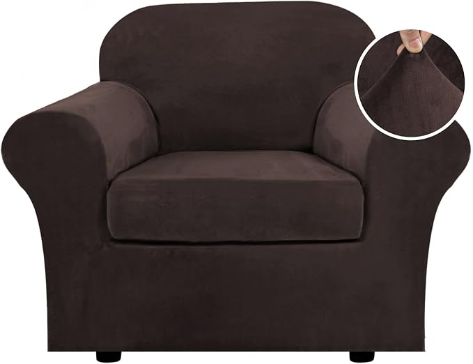 H.VERSAILTEX Rich Velvet Stretch 2 Piece Cover Chair Slipcover Sofa Cover Furniture Protector Couch Soft with Elastic Bottom Chair Couch Cover with Arms Width Up to 49 Inch(Chair,Brown) by HVERSAILTEX