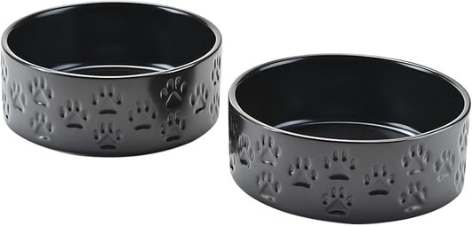 SPUNKYJUNKY Ceramic Dog Bowls 2 Pack, 7.3'' Dog Food Water Double Feeding Bowls Non-Slip for Medium to Large Sized Breed Microwave Dishwasher Safe - 42 OZ, 2pcs, Paw Black by SPUNKYJUNKY