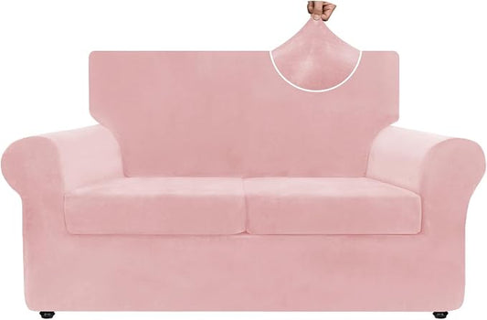 ZNSAYOTX Luxury Velvet Sofa Cover 3 Piece (57"-70") Stretch Loveseat Covers for 2 Cushion Couch Thick Soft Couch Slipcover with Non Slip Strap, Dog Pet Friendly Nice Furniture Protector (Rose) by ZNSAYOTX