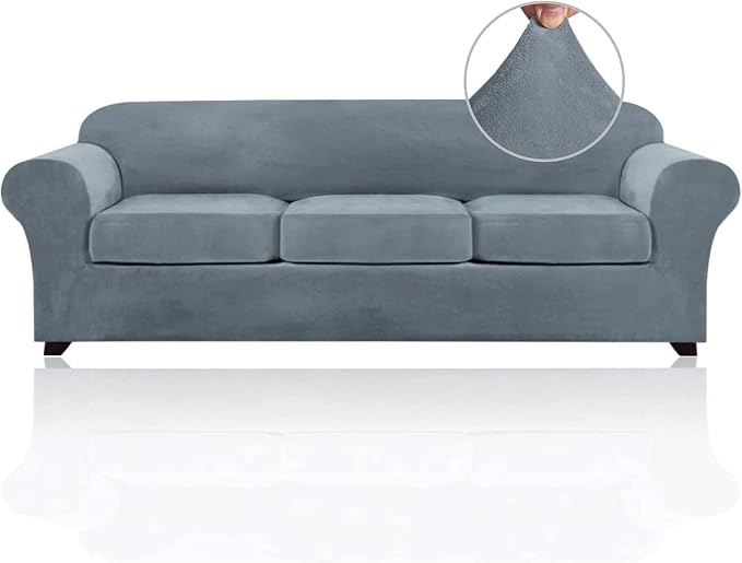 PrinceDeco Velvet Couch Covers for Sofa Soft 4 Pieces Covers for 3 Cushion Couch Sofa Pet Friendly Furniture Protector with Non Slip Elastic Bottom Width Up to 97 Inch (Large Sofas, Stone Blue) by PrinceDeco