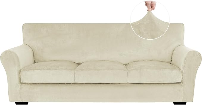XINEAGE 4-Piece Velvet Sofa Cover,Couch Covers for Dog,Beige | 3 Cushion Sofa,Stretch Non-slip Elastic, Pet-friendly, Washable, Fast Setup, Soft Plush Fabric, Furniture Protector. by XINEAGE