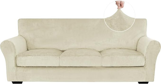 XINEAGE 4-Piece Velvet Sofa Cover,Couch Covers for Dog,Beige | 3 Cushion Sofa,Stretch Non-slip Elastic, Pet-friendly, Washable, Fast Setup, Soft Plush Fabric, Furniture Protector. by XINEAGE