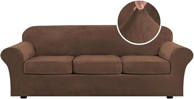 H.VERSAILTEX Velvet 4 Piece High Stretch Sofa Slipcover Cover Furniture Protector Form Fit Luxury Thick Velvet Extra Large Sofa Cover for 3 Cushion Couch Width Up to 105 Inch (XL Sofa, Caramel Cafe) by HVERSAILTEX