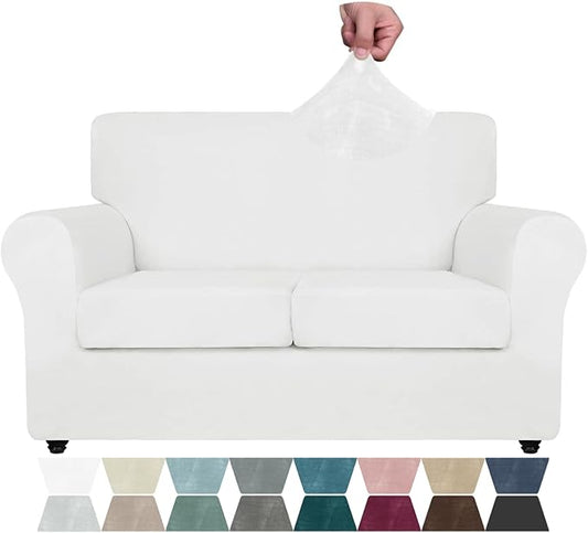ZNSAYOTX Luxury Velvet Sofa Cover 3 Piece (57"-70") Stretch Loveseat Covers for 2 Cushion Couch Thick Soft Couch Slipcover with Non Slip Strap, Dog Pet Friendly Nice Furniture Protector (White) by ZNSAYOTX