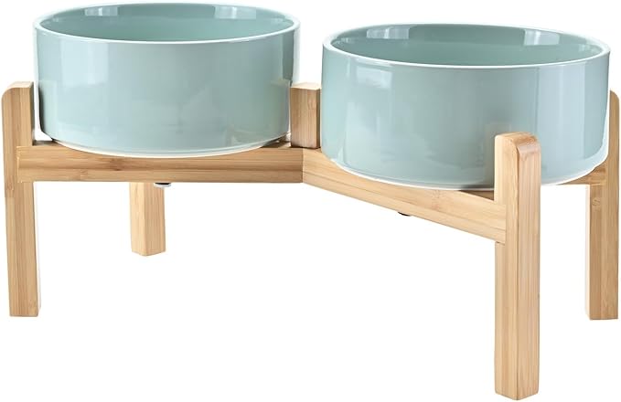 SPUNKYJUNKY Elevated Dog Bowls Ceramic, 7.3'' Dogs Food Water Bowls Raised with Non-Slip Bamboo Stand for Medium to Large Sized Breed Microwave Dishwasher Safe - 42 OZ,Light Green by SPUNKYJUNKY
