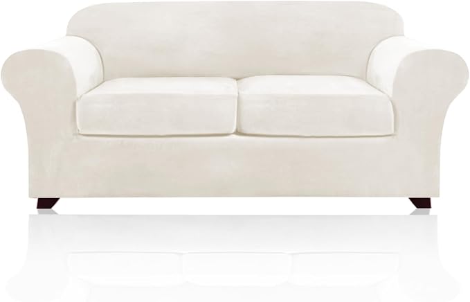 PrinceDeco Velvet Couch Covers for Sofa Soft 4 Pieces Couch Covers for 3 Cushion Couch Sofa Pet Friendly Furniture Protector with Non Slip Elastic Bottom Width Up to 90 Inch (Medium-Large, Porcelain) by PrinceDeco