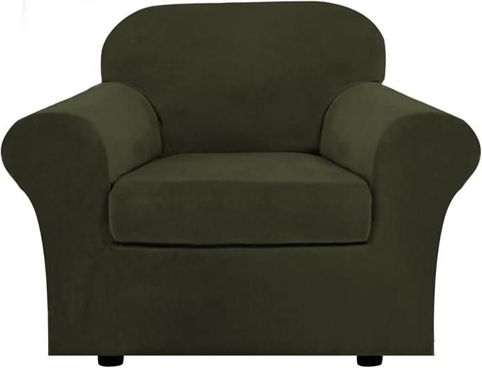 H.VERSAILTEX Rich Velvet Stretch 2 Piece Cover Chair Slipcover Sofa Cover Furniture Protector Couch Soft with Elastic Bottom Chair Couch Cover Width Up to 49 Inch (Chair, Olive) by HVERSAILTEX