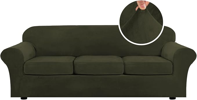 H.VERSAILTEX High Stretch Sofa Slipcover 4 Piece Cover Velvet Furniture Protector Form Fit Thick Velvet Extra Large Sofa Cover for 3 Cushion Couch Width Up to 97 Inch (Large Sofa, Olive) by HVERSAILTEX