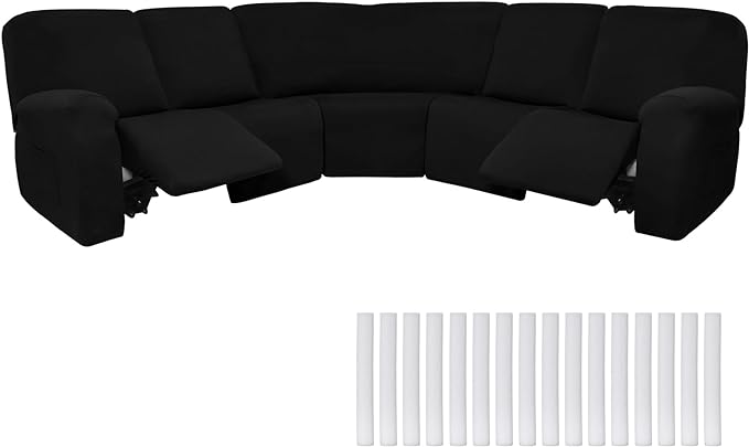 Peryiter 7 Pcs L Shape Sectional Recliner Sofa Covers 5 Seat Sectional Couch Covers Milk Silk Velvet Stretch Reclining Sofa Slipcover Furniture Protector for Living Room(Black,Milk Silk) by Peryiter