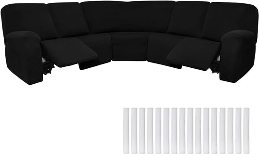 Peryiter 7 Pcs L Shape Sectional Recliner Sofa Covers 5 Seat Sectional Couch Covers Milk Silk Velvet Stretch Reclining Sofa Slipcover Furniture Protector for Living Room(Black,Milk Silk) by Peryiter