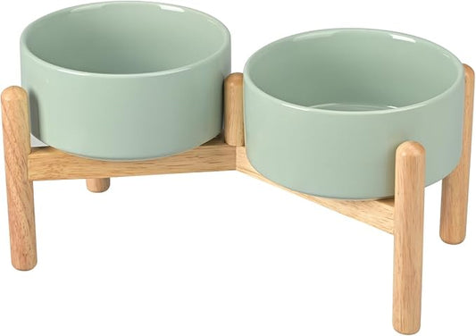 SPUNKYJUNKY Ceramics Raised Dog Bowls with Wooden Stand - Elevated Bowls for Small Medium Dogs (Double 28.7OZ, Light Green) by SPUNKYJUNKY