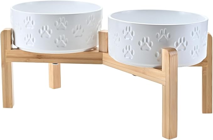 SPUNKYJUNKY Elevated Dog Bowls Ceramic, 7.3'' Dogs Food Water Bowls Raised with Non-Slip Bamboo Stand for Medium to Large Sized Breed Microwave Dishwasher Safe - 42 OZ,Paw White by SPUNKYJUNKY
