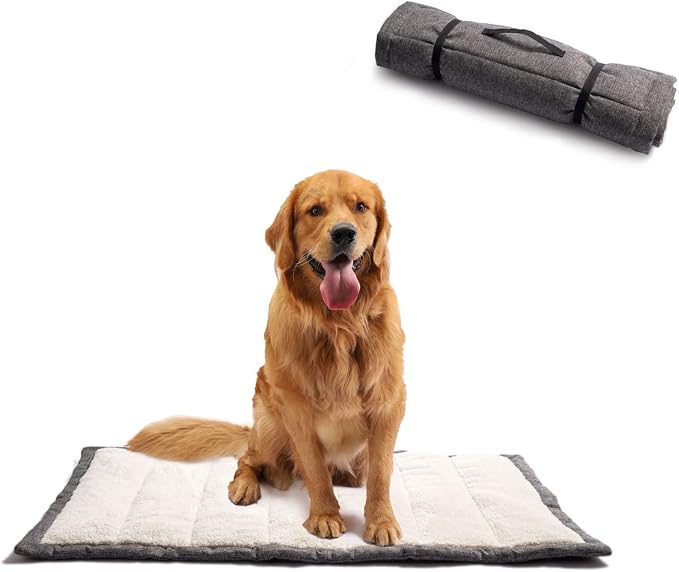 Outdoor Dog Bed, Portable Dog Travel Mat, Rollup Pet Camping Gear, Crate Pad with Carry Handles for Large Dogs, Super Soft, Machine Washable, 42 * 28” Grey by vmgreen