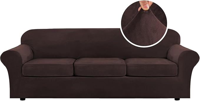H.VERSAILTEX High Stretch Sofa Slipcover 4 Piece Cover Velvet Furniture Protector Form Fit Thick Velvet Extra Large Sofa Cover for 3 Cushion Couch Width Up to 97 Inch (Large Sofa, Brown) by HVERSAILTEX