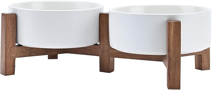 SPUNKYJUNKY Ceramic Dog Bowls with Acacia Wood Stand - Raised Dog Food and Water Bowl Set for Small Dogs (13.52 OZ, White) by SPUNKYJUNKY