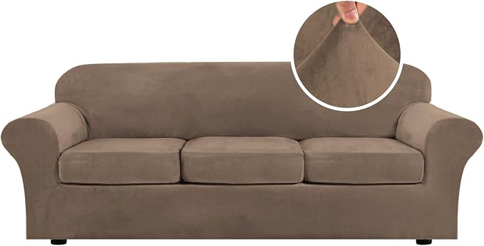H.VERSAILTEX High Stretch Sofa Slipcover 4 Piece Cover Velvet Furniture Protector Form Fit Thick Velvet Extra Large Sofa Cover for 3 Cushion Couch Width Up to 97 Inch (Large Sofa, Mocha) by HVERSAILTEX