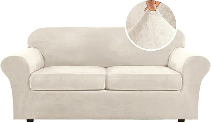 H.VERSAILTEX Real Velvet Plush 3 Piece Stretch Sofa Covers Couch Covers for 2 Cushion Couch Sofa Slipcovers Width Up to 90 Inch Feature Thick Soft Stay in Place (Large Sofa, Ivory) by HVERSAILTEX