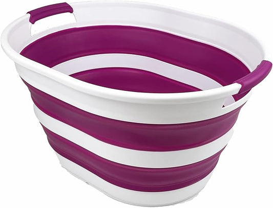 SAMMART 23L (6 Gallons) Collapsible Plastic Laundry Basket - Oval Tub/Basket - Foldable Storage Container/Organizer - Portable Washing Tub - Space Saving Laundry Hamper (White/Purple) by SAMMART