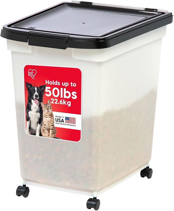 IRIS USA Dog Food Storage Container 50 lbs, with Removable Rolling Wheels, for Dog Cat Bird and Other Pets, Food Storage Bin, Keep Fresh, Made in USA, Pearl/Black by IRISUSA