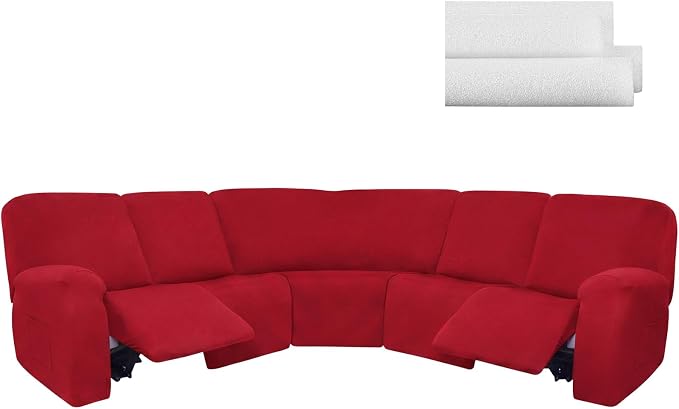 Peryiter 7 Pcs L Shape Sectional Recliner Sofa Covers 5 Seat Sectional Couch Covers Milk Silk Velvet Stretch Reclining Sofa Slipcover Furniture Protector for Living Room (Christmas Red,Milk Silk) by Peryiter