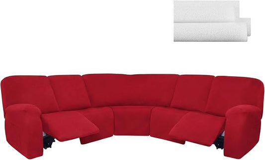 Peryiter 7 Pcs L Shape Sectional Recliner Sofa Covers 5 Seat Sectional Couch Covers Milk Silk Velvet Stretch Reclining Sofa Slipcover Furniture Protector for Living Room (Christmas Red,Milk Silk) by Peryiter