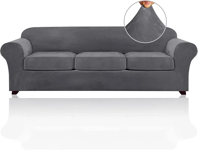 PrinceDeco Velvet Couch Covers for Sofa Soft 4 Pieces Couch Covers for 3 Cushion Couch Sofa Pet Friendly Furniture Protector with Non Slip Elastic Bottom Width Up to 97 Inch (Large Sofas, Gray) by PrinceDeco