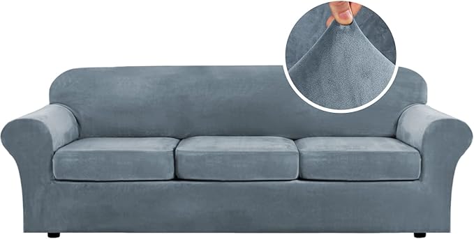 H.VERSAILTEX Velvet 4 Piece High Stretch Sofa Slipcover Cover Furniture Protector Form Fit Luxury Thick Velvet Extra Large Sofa Cover for 3 Cushion Couch Width Up to 105 Inch(XL Sofa, Stone Blue) by HVERSAILTEX