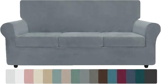 ZNSAYOTX Oversized Velvet Couch Cover 4 Piece (92"-115") Stretch Sofa Covers for 3 Cushion Couch Thick Soft XL-Slipcover with Non Slip Strap, Dog Pet Friendly Nice Furniture Protector (Light Grey) by ZNSAYOTX