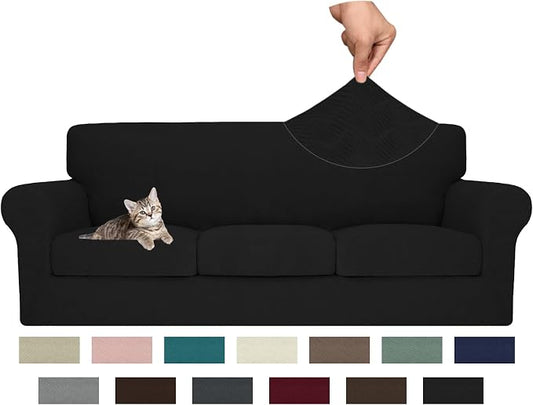 MAXIJIN 4 Piece Couch Covers for 3 Cushion Couch Sofa Covers, Stretch Couch Slipcovers for Sofas with 3 Cushions, Thick 3 Seat Furniture Protector for Dogs Pet (71"-91", Black) by MAXIJIN
