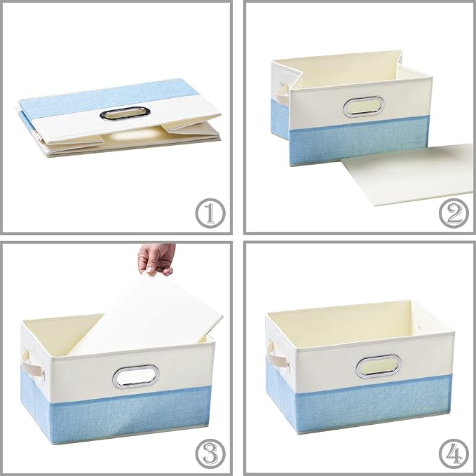 PRANDOM Fodable Storage Bins for Closet [3-pack] Decorative Fabric Storage Baskets Cubes with Leather/Metal Handles for Shelves Bedroom Living Room Blue&Cream (11.5x8.5x6.7 Inch) - Image 5