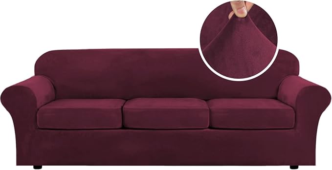 H.VERSAILTEX Velvet 4 Piece High Stretch Sofa Slipcover Cover Furniture Protector Form Fit Thick Velvet Extra Large Sofa Cover for 3 Cushion Couch Width Up to 105 Inch(XL Sofa, Wine/Burgundy) by HVERSAILTEX
