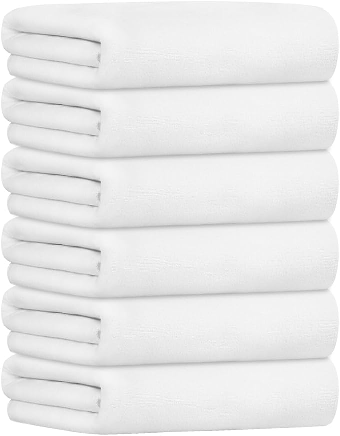 JML Bath Towels with Hanging Loop, White, 30" x 60", 6 Pack | Microfiber, Large,Soft, Absorbent, Quick-drying for Hair Wrap, Sauna, Dorm, Yoga by JML