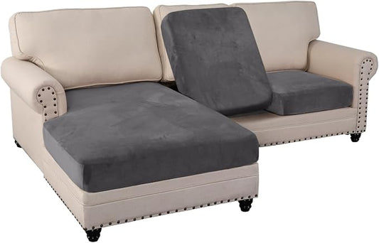 PrinceDeco Sectional Couch Covers 3 Pieces Velvet Sofa Covers L Shape Soft Couch Covers for Sectional Sofa Corner Sofa Cover Couch Cover for Dogs Washable (2 Seater + 1 Chaise,Grey) by PrinceDeco