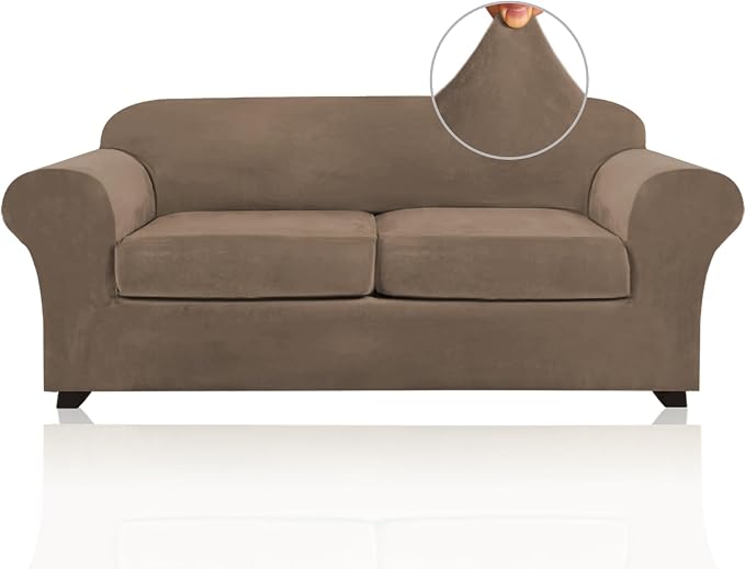 PrinceDeco Couch Cover Velvet Plush Sofa Covers for 2 Cushion Couch Width Up to 90 Inch Washable Furniture Protector Pet Friendly No Slip Sofa Slipcover(Medium-Large, Mocha) by PrinceDeco