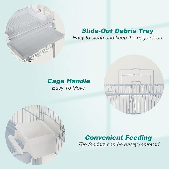 BestPet 64 inch Wrought Iron Bird Cage for Parakeets Medium Small Parrots Parakeet Cage with Detachable Rolling Stand & Play Open Top for Cockatiels Lovebird Finches Canaries,White - Image 7