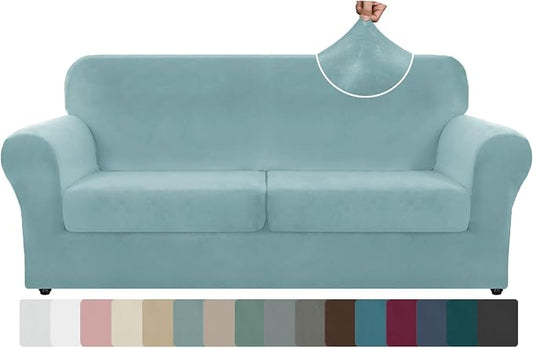 ZNSAYOTX Oversized Velvet 3 Piece Couch Cover with 2 Extra Large Seat Cushion Covers Stretch Sofa Cover for 2 Cushion Couch Thick Soft Loveseat Sofa Slipcover (Stone Blue), 72"-92"(2 Cushions) by ZNSAYOTX