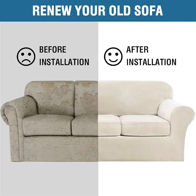 H.VERSAILTEX High Stretch Sofa Slipcover 4 Piece Cover Velvet Furniture Protector Form Fit Thick Velvet Extra Large Sofa Cover for 3 Cushion Couch Width Up to 97 Inch (Large Sofa, Ivory) - Image 7