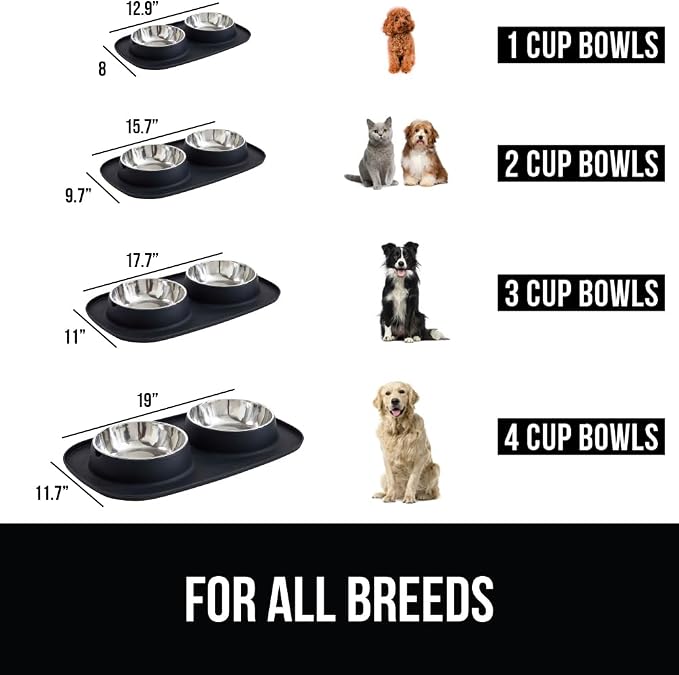 GORILLA GRIP Dog Bowl Set with Slip Resistant Silicone Feeding Mat, Food Grade 304 Stainless Steel Bowls, BPA Free, High Edge Spill Containment, Dishwasher Safe, Finger Notch Removal, 2 Cup, Black - Image 3