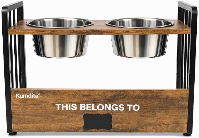KUMDITA Adjustable Dog Bowls Elevated for Medium & Large Breed Dogs | Orthopedic dog food stand with stainless-steel food/water dishes; modern wood-metal pet feeder with raised dog bowls. by Unknown