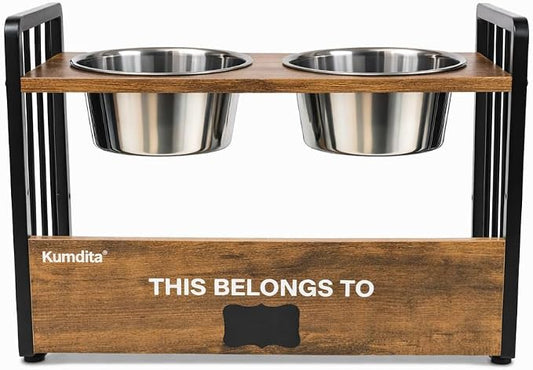 KUMDITA Adjustable Dog Bowls Elevated for Medium & Large Breed Dogs | Orthopedic dog food stand with stainless-steel food/water dishes; modern wood-metal pet feeder with raised dog bowls. by Unknown
