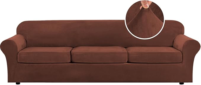 H.VERSAILTEX Modern Velvet Plush 4 Piece High Stretch Sofa Slipcover Furniture Protector Form Fit Velvet Extra Large Sofa Cover for 3 Cushion Couch Width Up to 105 Inch (XL Sofa, Burnt Brick) by HVERSAILTEX