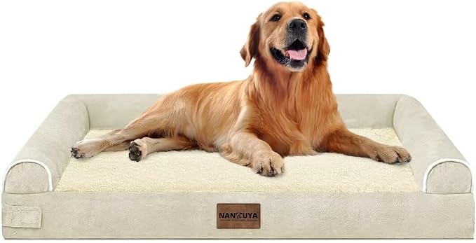 NANUYA Orthopedic Dog Bed for X-Large Dogs, 40 x 32 Inch, Beige | Egg crate foam for joint support, 3-sided bolster pet sofa, waterproof lining, washable cover, and non-skid base - Image 8