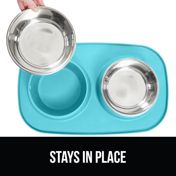 GORILLA GRIP Dog Bowl Set with Slip Resistant Silicone Feeding Mat, 4 Cup, Food Grade 304 Stainless Steel Bowls, BPA Free, High Edge Spill Containment, Dishwasher Safe, Finger Notch Removal, Turquoise - Image 4
