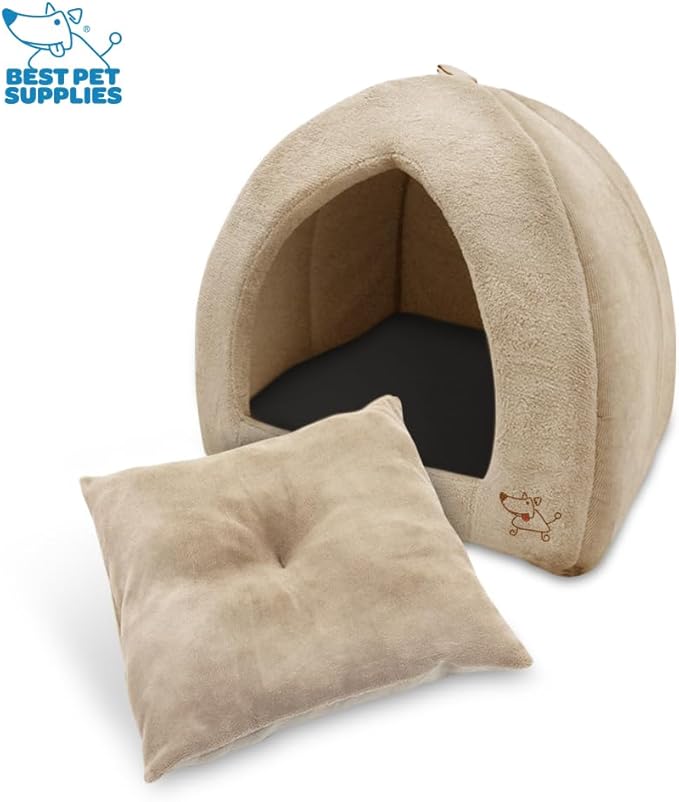Best Pet Supplies Cat Bed for Indoor Cat, Domed Tent House with Removable Pillow, Covered Cat Cave for Small Dog, Puppies and All Breeds of Cats - Tan, 19 x 19 x H:19" - Image 4