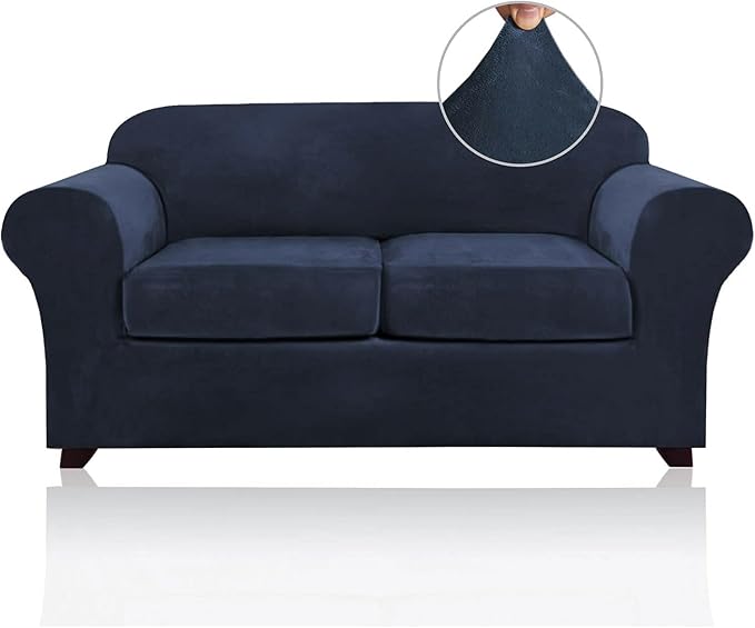 PrinceDeco Velvet Couch Cover Loveseat Covers for 2 Cushion Couch 3 Piece Sofa Covers for Dogs Washable Loveseat Covers Width Up to 72 Inch No Slip Stretch Sofa Slipcover(Medium, Navy) by PrinceDeco