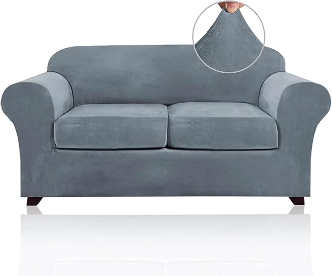 PrinceDeco Velvet Couch Cover Loveseat Covers for 2 Cushion Couch 3 Piece Sofa Covers for Dogs Washable Loveseat Covers Width Up to 72 Inch No Slip Stretch Sofa Slipcover(Medium, Stone Blue) by PrinceDeco