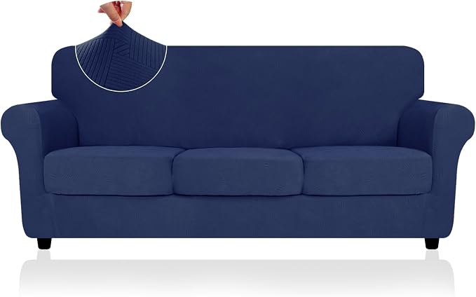ZNSAYOTX 4 Piece Stretch Sofa Covers (71"-91"), Thick Striped Couch Covers for 3 Cushion Sofa with Elastic Band Bottom Ties Non-Slip Stay in Place, Soft Durable Washable Couch Slipcovers, Navy Blue by ZNSAYOTX