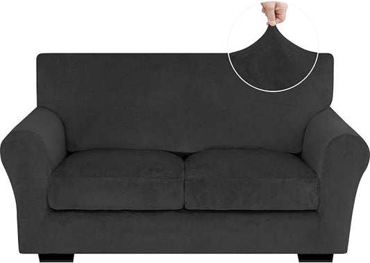 XINEAGE 3-Piece Velvet Loveseat Sofa Cover, Couch Covers for Dog,Black | 2 Cushion Loveseat,Stretch Non-slip Elastic, Pet-friendly, Washable, Fast Setup, Soft Plush Fabric, Furniture Protector. by XINEAGE
